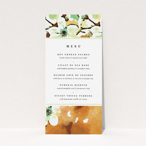 Wedding Menu Card Design - "Vintage Blossom" A wedding menu card design named "Vintage Blossom". It is a tall (DL) menu in a portrait orientation. "Vintage Blossom" is available as a flat menu, with tones of white and mint green.