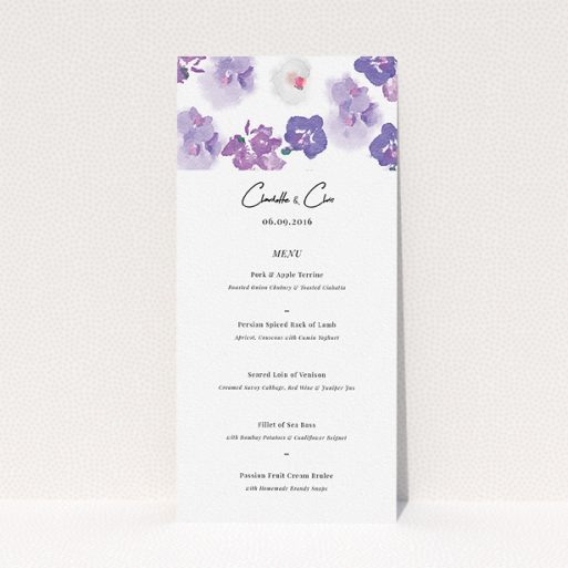 Wedding Menu Card Design - "Violet Explosion" A wedding menu card design named "Violet Explosion". It is a tall (DL) menu in a portrait orientation. "Violet Explosion" is available as a flat menu, with mainly purple/dark pink colouring.