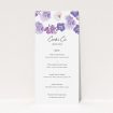 A wedding menu card design named "Violet Explosion". It is a tall (DL) menu in a portrait orientation. "Violet Explosion" is available as a flat menu, with mainly purple/dark pink colouring.