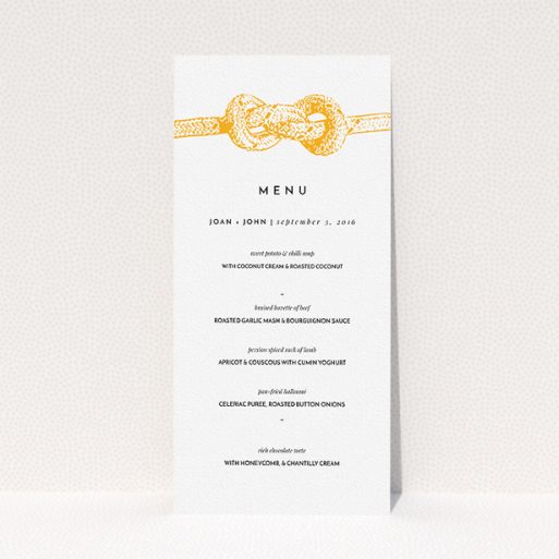 Wedding Menu Card Design - "We tied the knot" A wedding menu card named "We tied the knot". It is a tall (DL) menu in a portrait orientation. "We tied the knot" is available as a flat menu, with tones of orange and white.