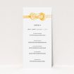A wedding menu card named "We tied the knot". It is a tall (DL) menu in a portrait orientation. "We tied the knot" is available as a flat menu, with tones of orange and white.