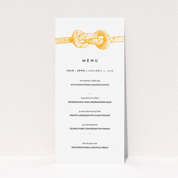 A wedding menu card named "We tied the knot". It is a tall (DL) menu in a portrait orientation. "We tied the knot" is available as a flat menu, with tones of orange and white.