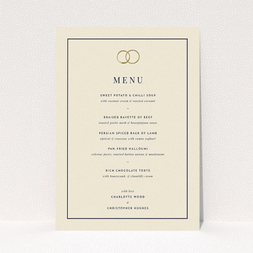 Wedding Reception Menu - Wedding Bands (Cream) A wedding menu card design called "Wedding bands". It is an A5 menu in a portrait orientation. "Wedding bands" is available as a flat menu, with tones of cream and gold.