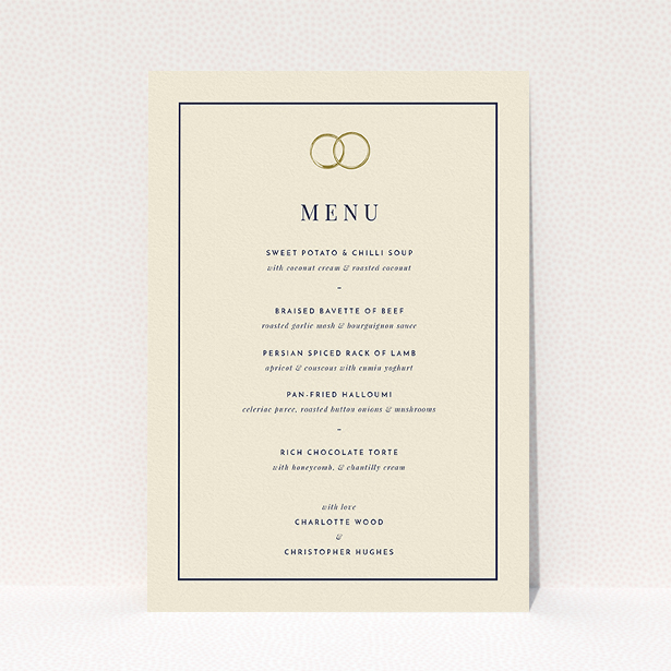 A wedding menu card design called "Wedding bands". It is an A5 menu in a portrait orientation. "Wedding bands" is available as a flat menu, with tones of cream and gold.