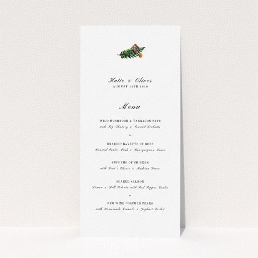 Wedding Menu Card Design - "Winter Bouquet" A wedding menu card design named "Winter Bouquet". It is a tall (DL) menu in a portrait orientation. "Winter Bouquet" is available as a flat menu, with tones of white and green.
