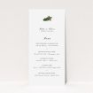 A wedding menu card design named "Winter Bouquet". It is a tall (DL) menu in a portrait orientation. "Winter Bouquet" is available as a flat menu, with tones of white and green.