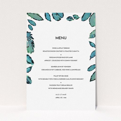 Wedding Menu Card Design - "Woodland Flourish" A wedding menu card design called "Woodland Flourish". It is an A5 menu in a portrait orientation. "Woodland Flourish" is available as a flat menu, with tones of green and white.
