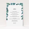 A wedding menu card design called "Woodland Flourish". It is an A5 menu in a portrait orientation. "Woodland Flourish" is available as a flat menu, with tones of green and white.