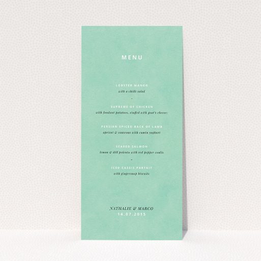 Wedding Menu Card Design - "Worn Green" A wedding menu card named "Worn Green". It is a tall (DL) menu in a portrait orientation. "Worn Green" is available as a flat menu, with tones of green and white.