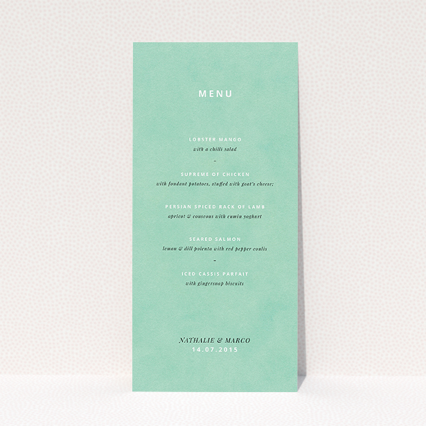 A wedding menu card named "Worn Green". It is a tall (DL) menu in a portrait orientation. "Worn Green" is available as a flat menu, with tones of green and white.