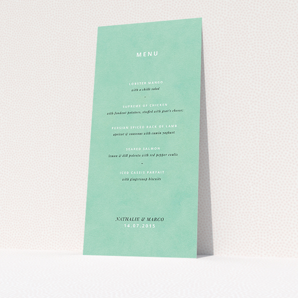 A wedding menu card named "Worn Green". It is a tall (DL) menu in a portrait orientation. "Worn Green" is available as a flat menu, with tones of green and white.