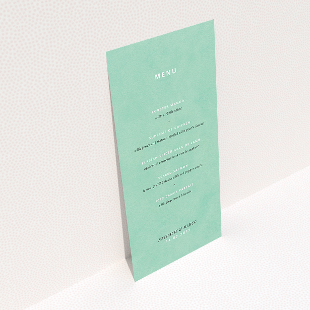 A wedding menu card named "Worn Green". It is a tall (DL) menu in a portrait orientation. "Worn Green" is available as a flat menu, with tones of green and white.