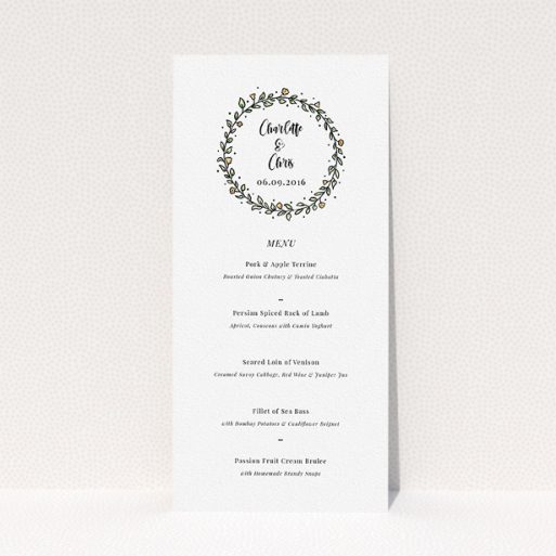Wedding Menu Card Design - "Wreath Outline" A wedding menu card called "Wreath Outline". It is a tall (DL) menu in a portrait orientation. "Wreath Outline" is available as a flat menu, with tones of white and green.