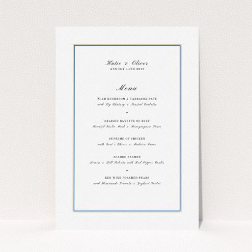 Wedding Menu Card Design - "Yellow Blue Simple" A wedding menu card template titled "Yellow Blue Simple". It is an A5 menu in a portrait orientation. "Yellow Blue Simple" is available as a flat menu, with tones of white and Gold.