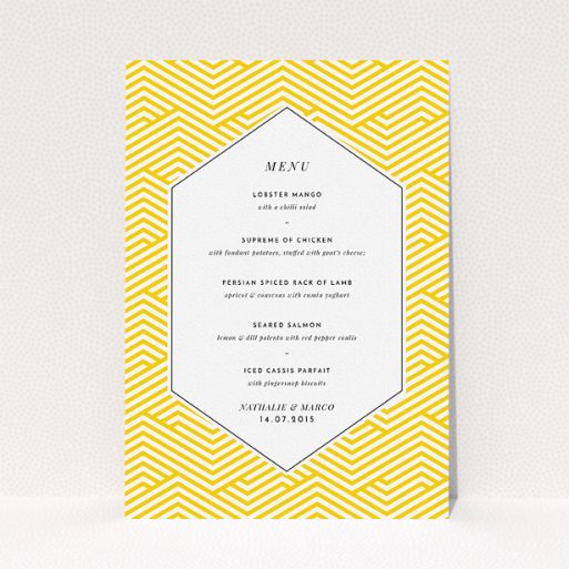Wedding Menu Card Design - "Yellow lines" A wedding menu card template titled "Yellow lines". It is an A5 menu in a portrait orientation. "Yellow lines" is available as a flat menu, with tones of yellow and white.