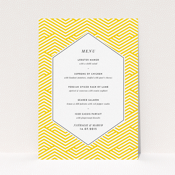 A wedding menu card template titled "Yellow lines". It is an A5 menu in a portrait orientation. "Yellow lines" is available as a flat menu, with tones of yellow and white.