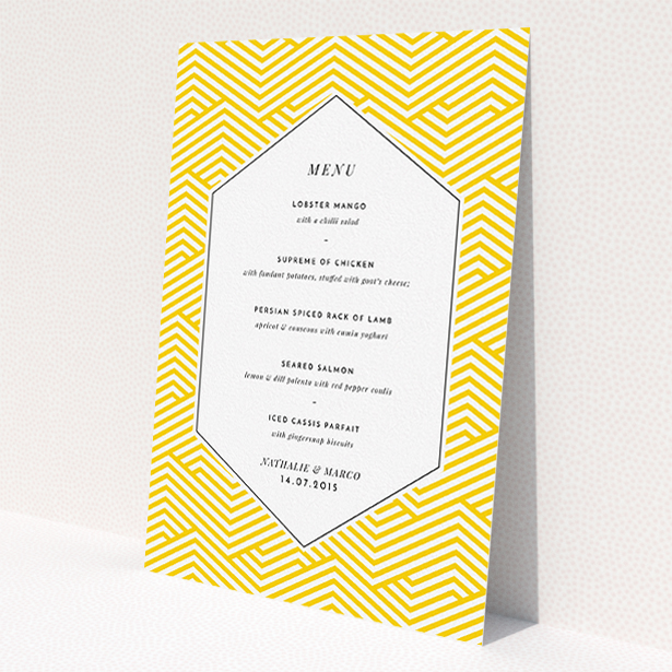 A wedding menu card template titled "Yellow lines". It is an A5 menu in a portrait orientation. "Yellow lines" is available as a flat menu, with tones of yellow and white.