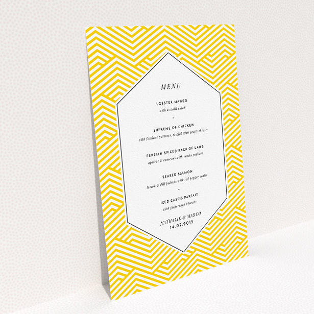 A wedding menu card template titled "Yellow lines". It is an A5 menu in a portrait orientation. "Yellow lines" is available as a flat menu, with tones of yellow and white.