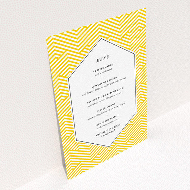 A wedding menu card template titled "Yellow lines". It is an A5 menu in a portrait orientation. "Yellow lines" is available as a flat menu, with tones of yellow and white.