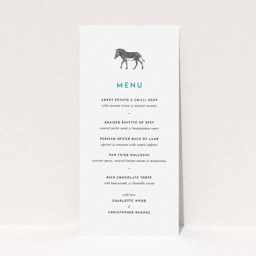 Wedding Menu Card Design - "Zebra crossing" A wedding menu card named "Zebra crossing". It is a tall (DL) menu in a portrait orientation. "Zebra crossing" is available as a flat menu, with tones of white and green.