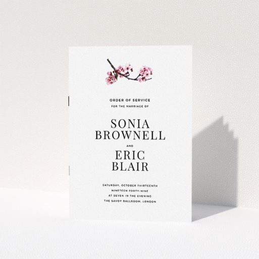 Wedding Order Of Service Design - "A side of Blossom" A wedding order of service design named "A side of Blossom". It is an A5 booklet in a portrait orientation. "A side of Blossom" is available as a folded booklet booklet, with mainly white colouring.