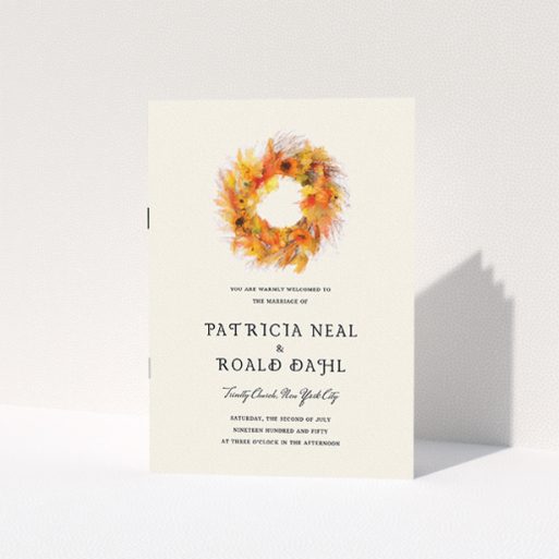 Wedding Order Of Service Design - "Autumn wreath " A wedding order of service design called "Autumn wreath ". It is an A5 booklet in a portrait orientation. "Autumn wreath " is available as a folded booklet booklet, with tones of orange and cream.