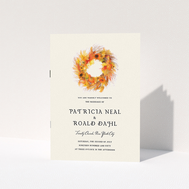 A wedding order of service design called "Autumn wreath ". It is an A5 booklet in a portrait orientation. "Autumn wreath " is available as a folded booklet booklet, with tones of orange and cream.
