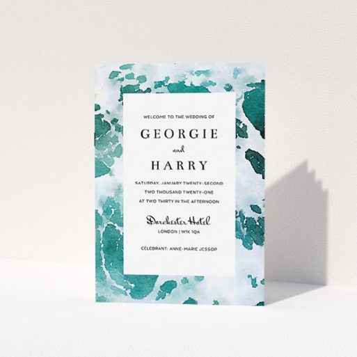 Wedding Order Of Service Design - "Awash" A wedding order of service called "Awash". It is an A5 booklet in a portrait orientation. "Awash" is available as a folded booklet booklet, with tones of blue, green and light blue.