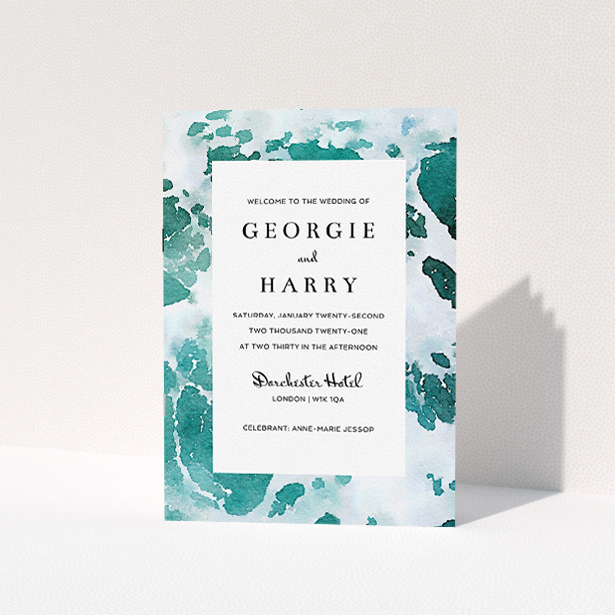 A wedding order of service called "Awash". It is an A5 booklet in a portrait orientation. "Awash" is available as a folded booklet booklet, with tones of blue, green and light blue.