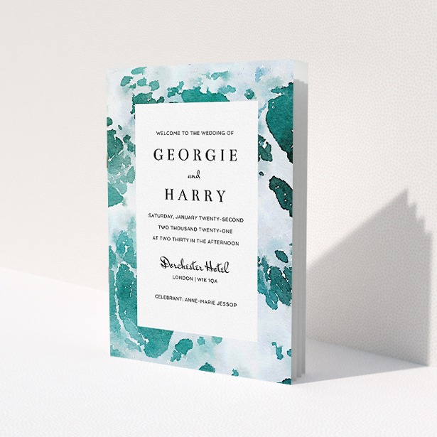 A wedding order of service called "Awash". It is an A5 booklet in a portrait orientation. "Awash" is available as a folded booklet booklet, with tones of blue, green and light blue.