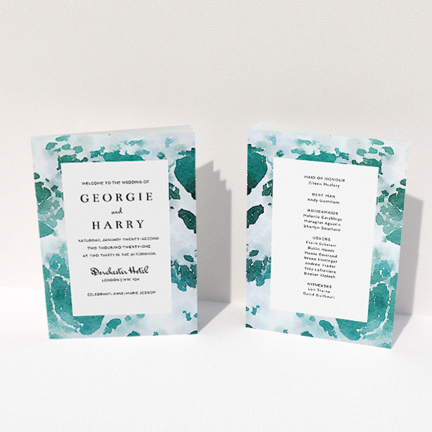 A wedding order of service called "Awash". It is an A5 booklet in a portrait orientation. "Awash" is available as a folded booklet booklet, with tones of blue, green and light blue.