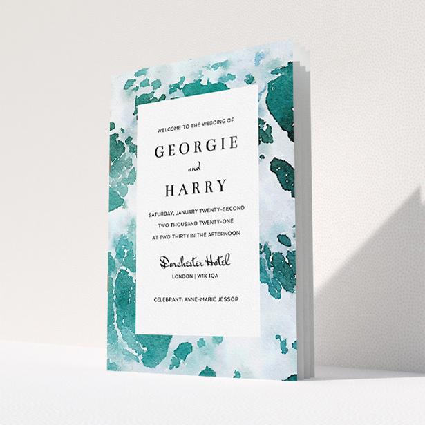 A wedding order of service called "Awash". It is an A5 booklet in a portrait orientation. "Awash" is available as a folded booklet booklet, with tones of blue, green and light blue.