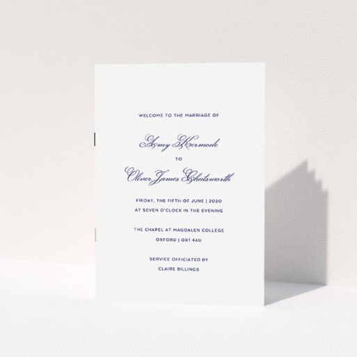 Wedding Order Of Service Design - "Berkeley Square" A wedding order of service design titled "Berkeley Square". It is an A5 booklet in a portrait orientation. "Berkeley Square" is available as a folded booklet booklet, with tones of white and Navy blue.