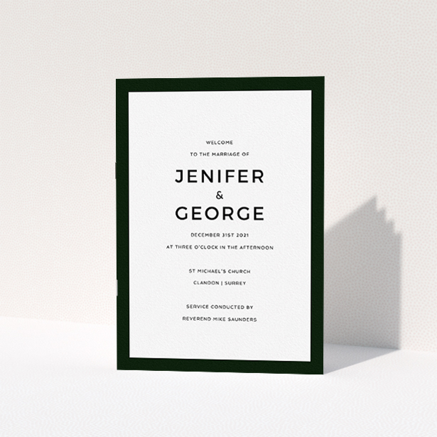 A wedding order of service design titled "Black and White Classic". It is an A5 booklet in a portrait orientation. "Black and White Classic" is available as a folded booklet booklet, with tones of black and white.