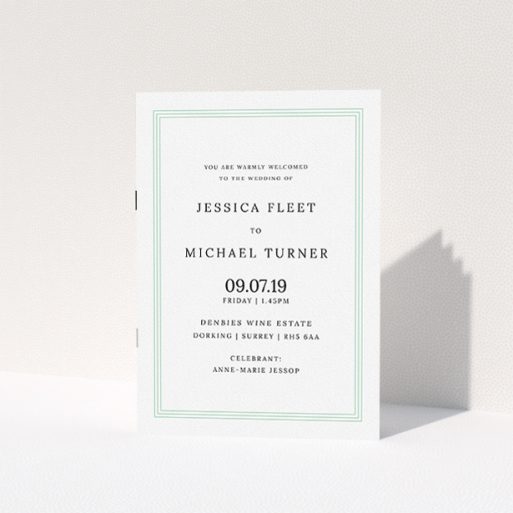 Wedding Order Of Service Design - "Classic Order of Service" A wedding order of service design named "Classic Order of Service". It is an A5 booklet in a portrait orientation. "Classic Order of Service" is available as a folded booklet booklet, with tones of green and white.