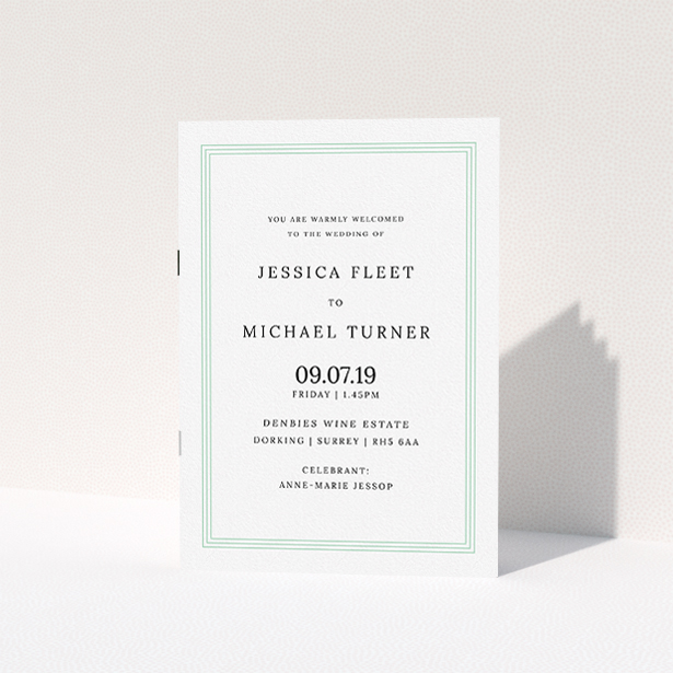 A wedding order of service design named "Classic Order of Service". It is an A5 booklet in a portrait orientation. "Classic Order of Service" is available as a folded booklet booklet, with tones of green and white.