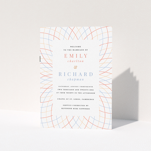 A wedding order of service design called "Concentric Circles Modern". It is an A5 booklet in a portrait orientation. "Concentric Circles Modern" is available as a folded booklet booklet, with tones of white, orange and red.