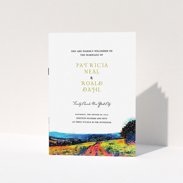 A wedding order of service design called "Country Road". It is an A5 booklet in a portrait orientation. "Country Road" is available as a folded booklet booklet, with tones of white, orange and light blue.