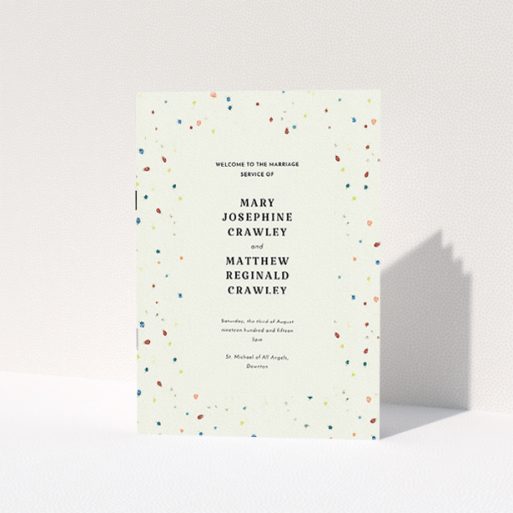 Wedding Order Of Service Design - "Crayon splinters" A wedding order of service template titled "Crayon splinters". It is an A5 booklet in a portrait orientation. "Crayon splinters" is available as a folded booklet booklet, with tones of pale cream and orange.