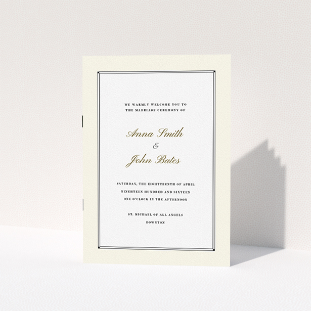 A wedding order of service called "Deco Cream". It is an A5 booklet in a portrait orientation. "Deco Cream" is available as a folded booklet booklet, with mainly cream colouring.