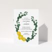 A wedding order of service design named "Eucalyptus Wreath". It is an A5 booklet in a portrait orientation. "Eucalyptus Wreath" is available as a folded booklet booklet, with tones of dark green and yellow.