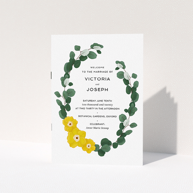 A wedding order of service design named "Eucalyptus Wreath". It is an A5 booklet in a portrait orientation. "Eucalyptus Wreath" is available as a folded booklet booklet, with tones of dark green and yellow.
