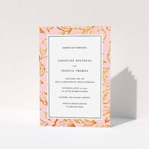 Wedding Order Of Service Design - "Falling Foliage" A wedding order of service template titled "Falling Foliage". It is an A5 booklet in a portrait orientation. "Falling Foliage" is available as a folded booklet booklet, with tones of pink and orange.