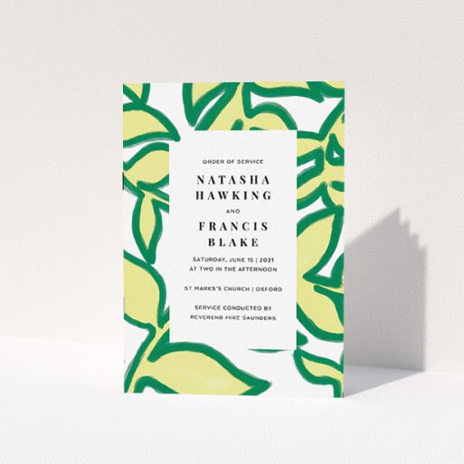 Wedding Order Of Service Design - "Fresh Vines" A wedding order of service design titled "Fresh Vines". It is an A5 booklet in a portrait orientation. "Fresh Vines" is available as a folded booklet booklet, with tones of green and white.
