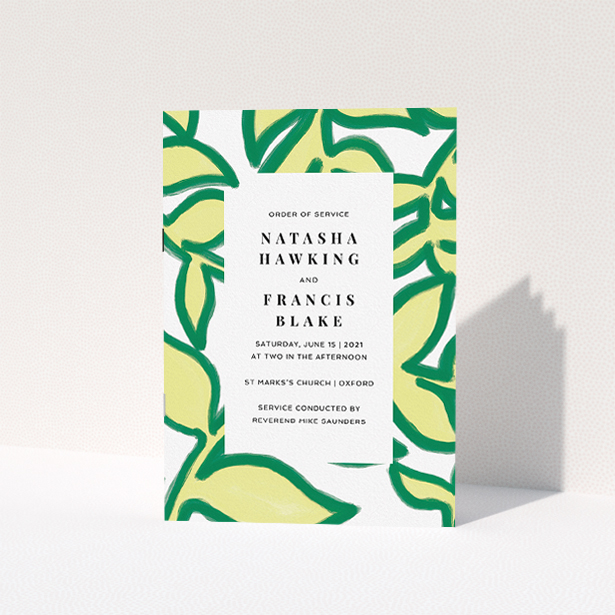 A wedding order of service design titled "Fresh Vines". It is an A5 booklet in a portrait orientation. "Fresh Vines" is available as a folded booklet booklet, with tones of green and white.