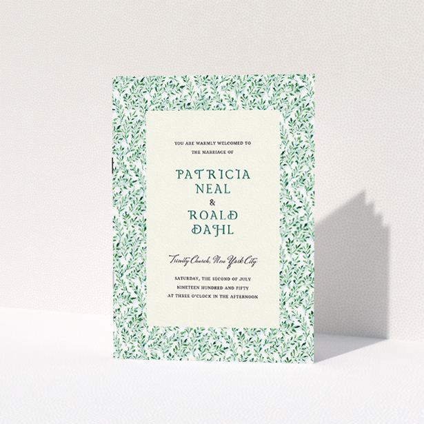A wedding order of service design titled "From the hedge". It is an A5 booklet in a portrait orientation. "From the hedge" is available as a folded booklet booklet, with tones of green and white.