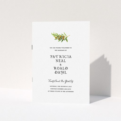 Wedding Order Of Service Design - "Greco Watercolor" A wedding order of service called "Greco Watercolor". It is an A5 booklet in a portrait orientation. "Greco Watercolor" is available as a folded booklet booklet, with tones of white and green.