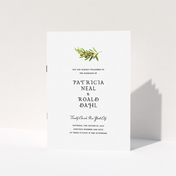 A wedding order of service called "Greco Watercolor". It is an A5 booklet in a portrait orientation. "Greco Watercolor" is available as a folded booklet booklet, with tones of white and green.