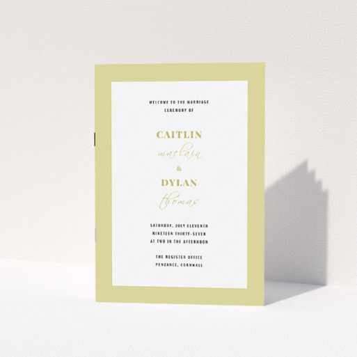 Wedding Order Of Service Design - "Light Gold Border" A wedding order of service design titled "Light Gold Border". It is an A5 booklet in a portrait orientation. "Light Gold Border" is available as a folded booklet booklet, with tones of gold and white.