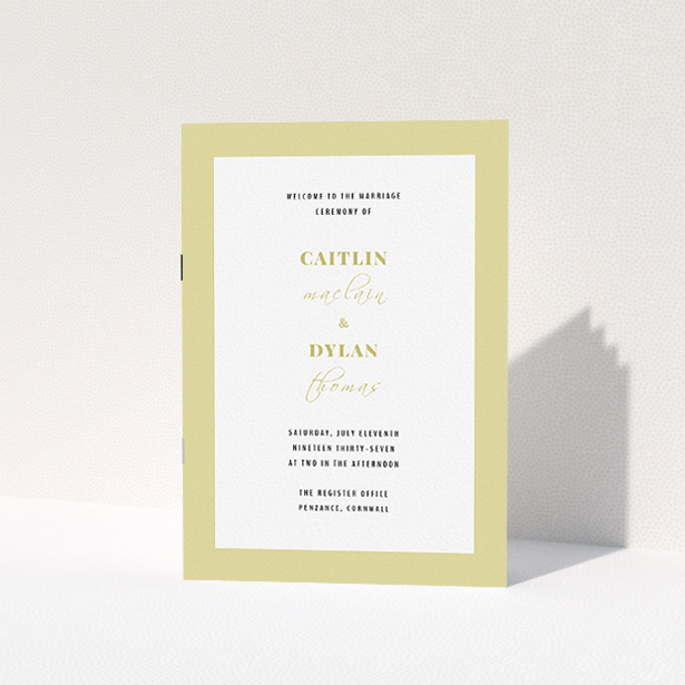 A wedding order of service design titled "Light Gold Border". It is an A5 booklet in a portrait orientation. "Light Gold Border" is available as a folded booklet booklet, with tones of gold and white.